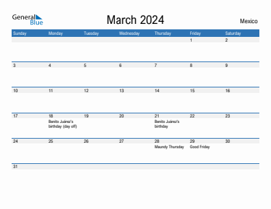 Current month calendar with Mexico holidays for March 2024