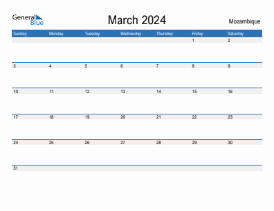 Current month calendar with Mozambique holidays for March 2024