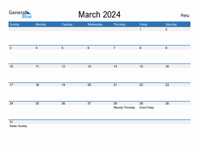 Current month calendar with Peru holidays for March 2024
