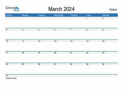 Current month calendar with Poland holidays for March 2024