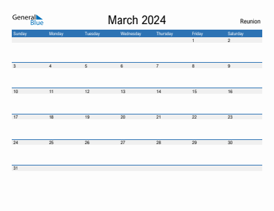 Current month calendar with Reunion holidays for March 2024