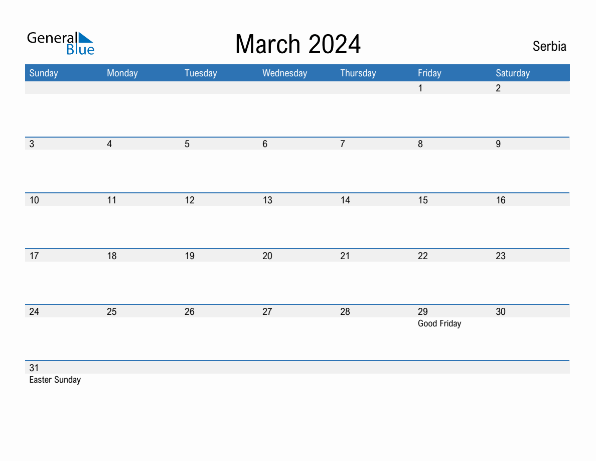 March 2024 Monthly Calendar with Serbia Holidays