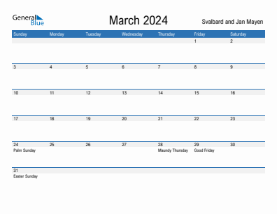 Current month calendar with Svalbard and Jan Mayen holidays for March 2024
