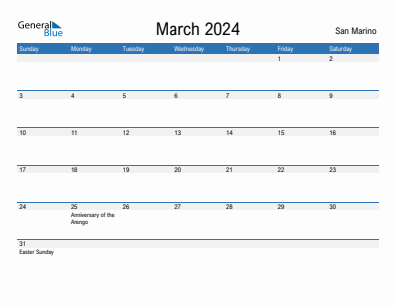 Current month calendar with San Marino holidays for March 2024