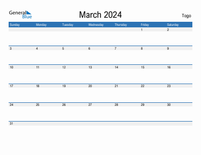 Current month calendar with Togo holidays for March 2024