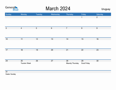 Current month calendar with Uruguay holidays for March 2024