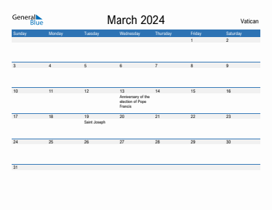 Current month calendar with Vatican holidays for March 2024