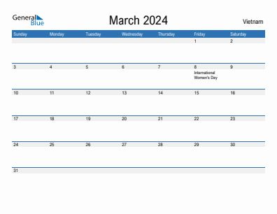 Current month calendar with Vietnam holidays for March 2024