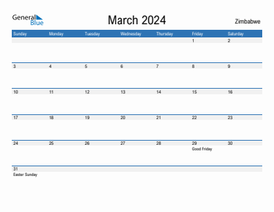 Current month calendar with Zimbabwe holidays for March 2024