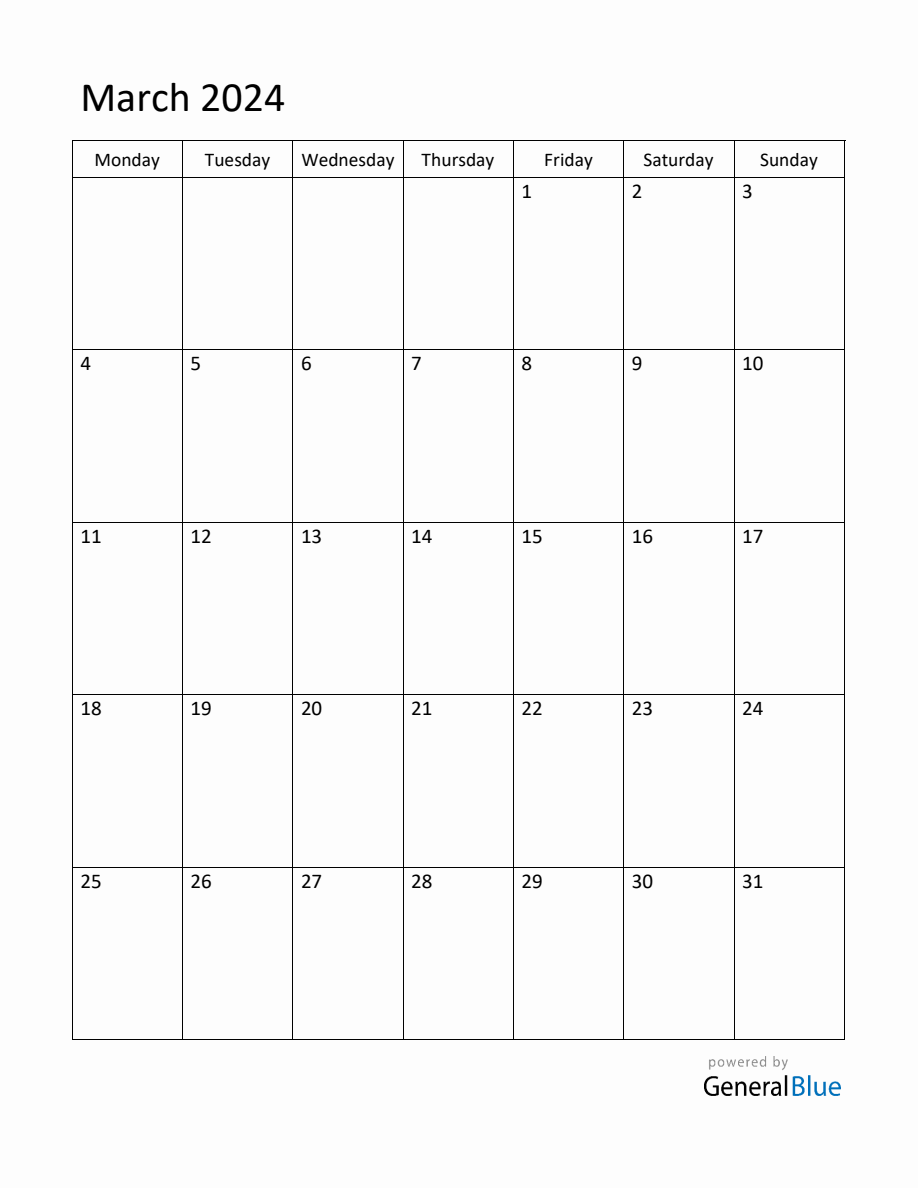 Editable March 2024 Monthly Calendar