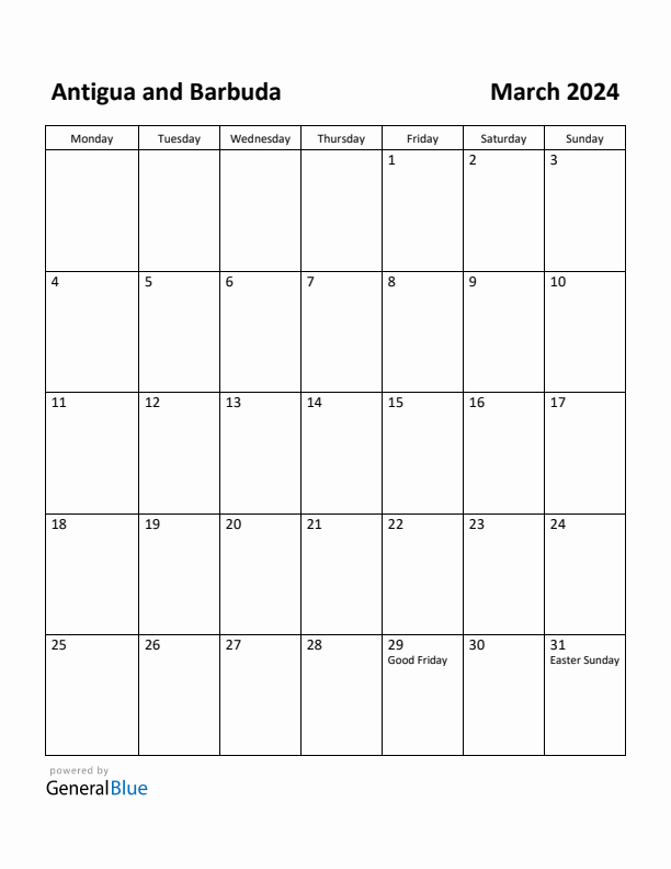 March 2024 Calendar with Antigua and Barbuda Holidays