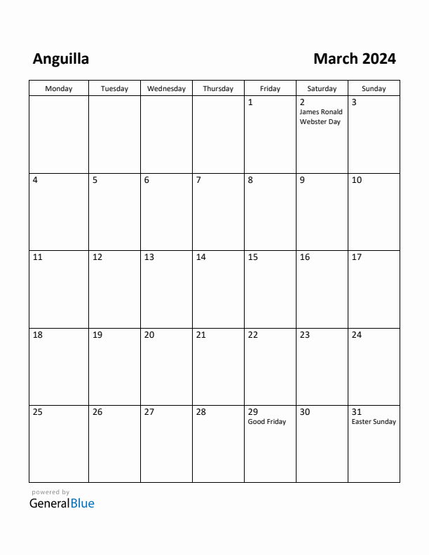 Free Printable March 2024 Calendar for Anguilla