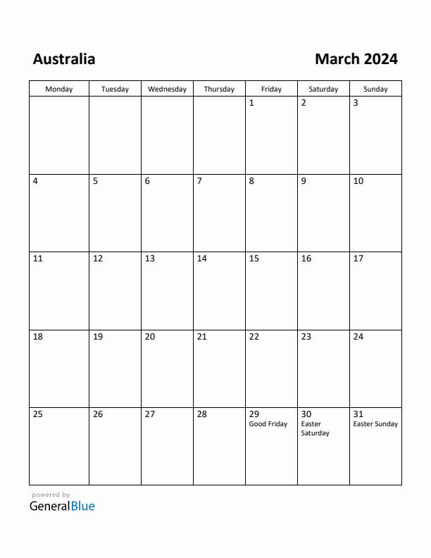 March 2024 Calendar with Australia Holidays