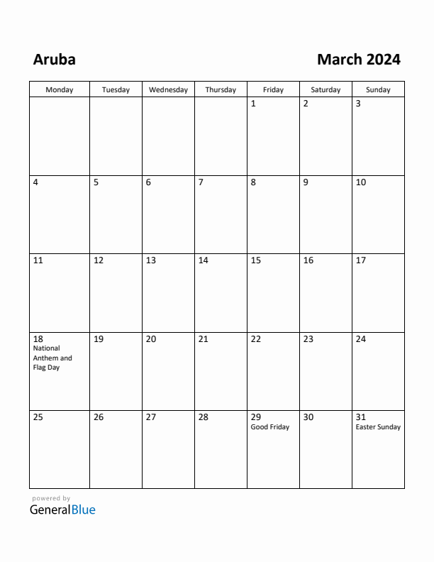 March 2024 Calendar with Aruba Holidays