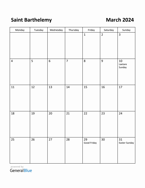 March 2024 Calendar with Saint Barthelemy Holidays