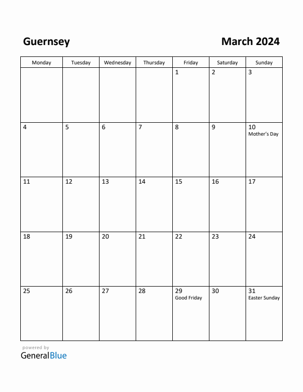 March 2024 Calendar with Guernsey Holidays