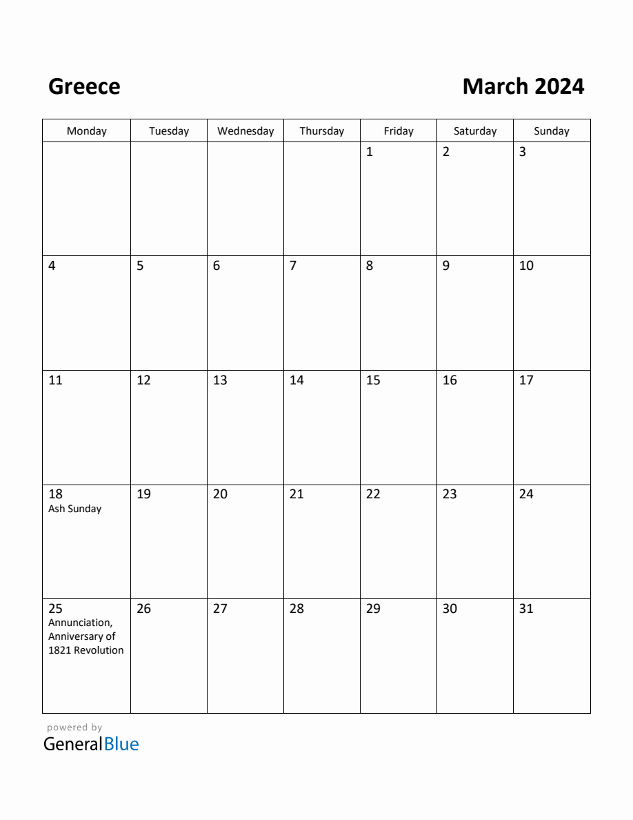 Free Printable March 2024 Calendar for Greece