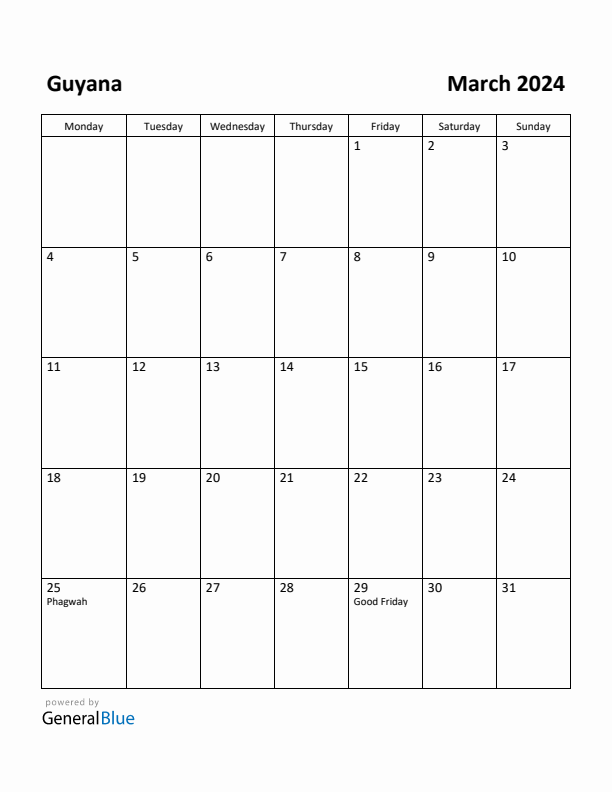Free Printable March 2024 Calendar for Guyana