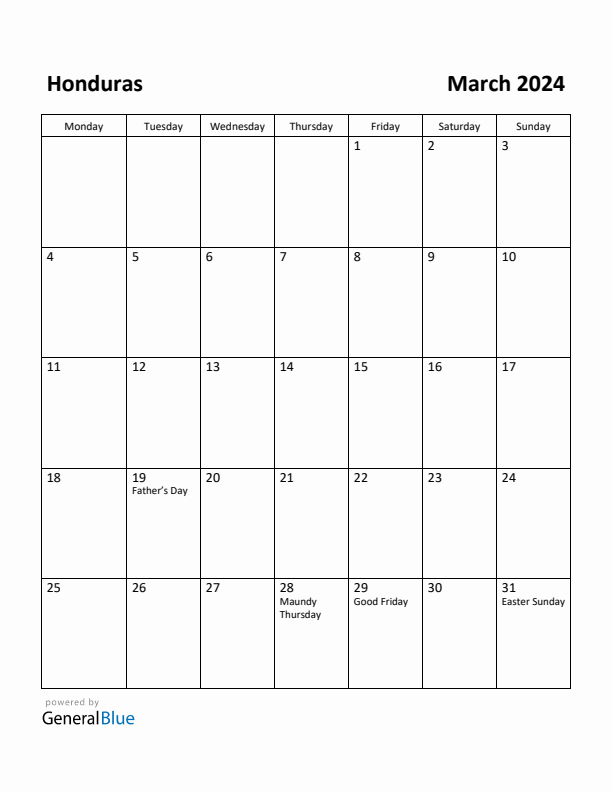 March 2024 Calendar with Honduras Holidays