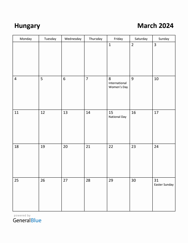 March 2024 Calendar with Hungary Holidays