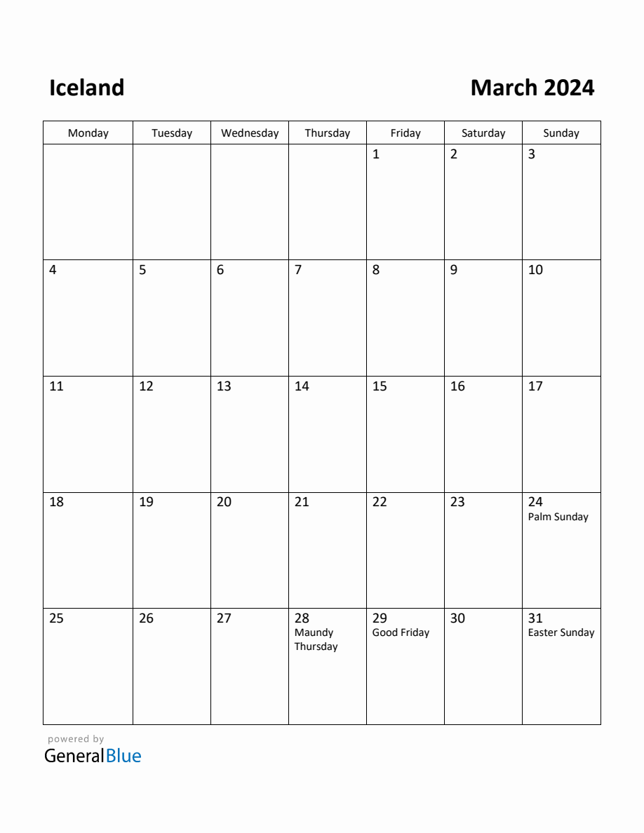 Free Printable March 2024 Calendar for Iceland