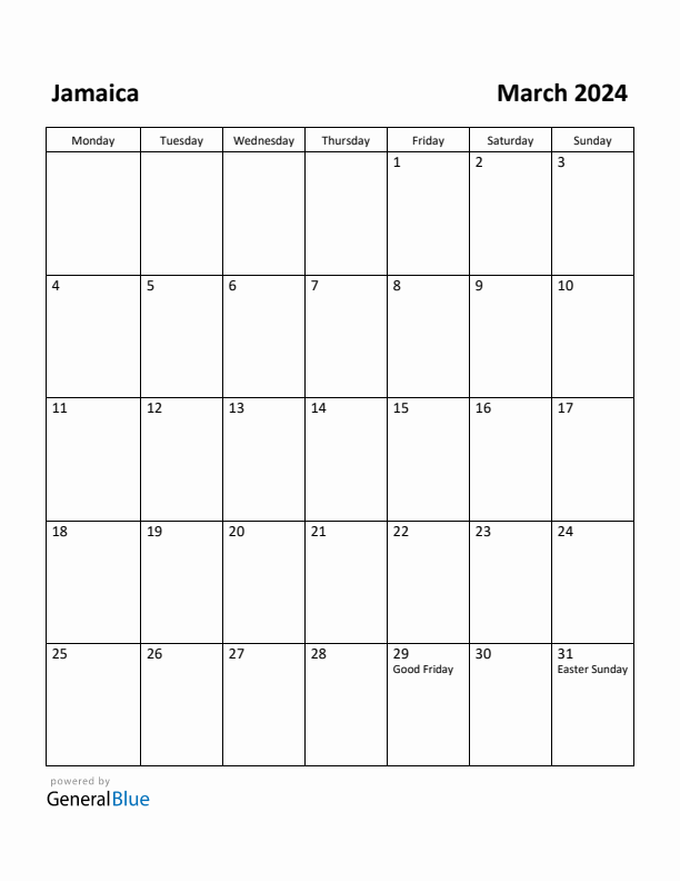 March 2024 Calendar with Jamaica Holidays