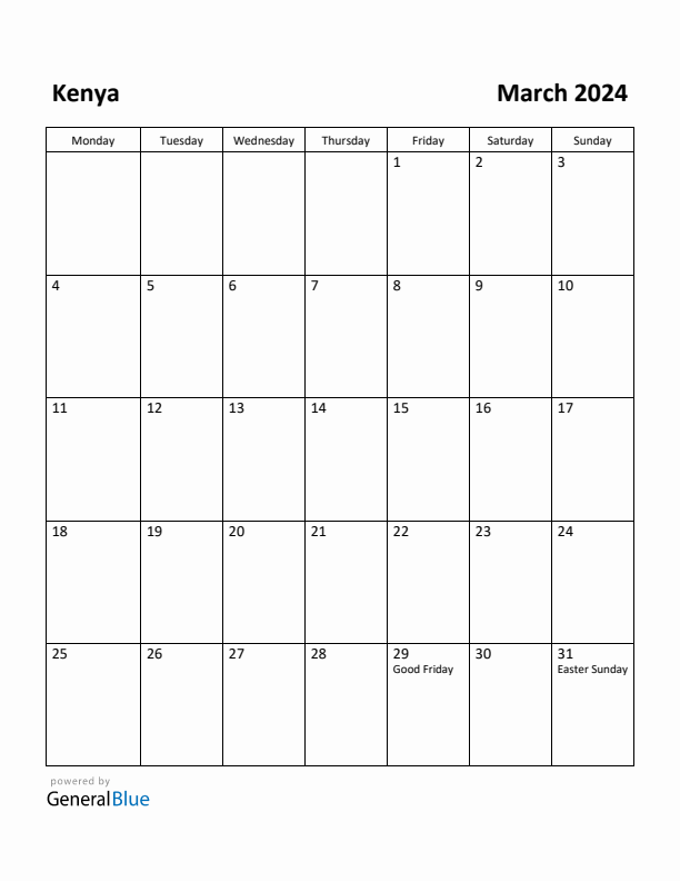 March 2024 Calendar with Kenya Holidays