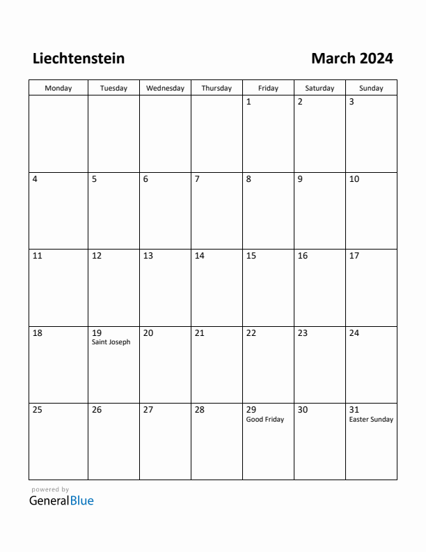 March 2024 Calendar with Liechtenstein Holidays