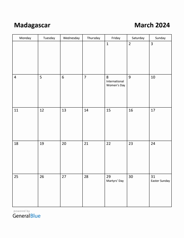 March 2024 Calendar with Madagascar Holidays