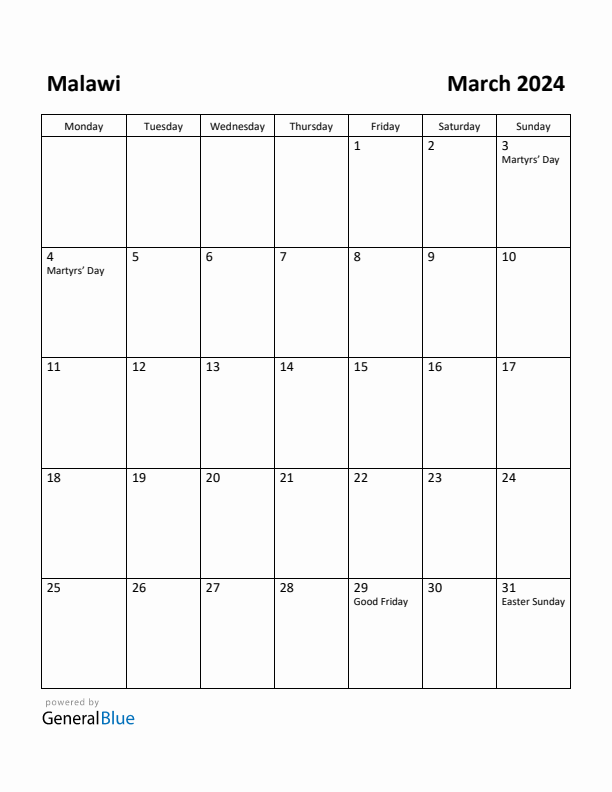 March 2024 Calendar with Malawi Holidays