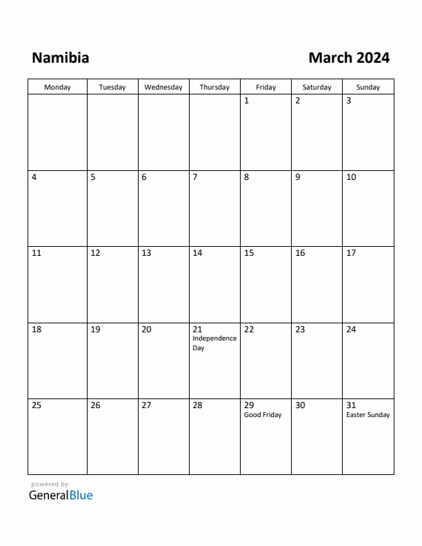 March 2024 Calendar with Namibia Holidays