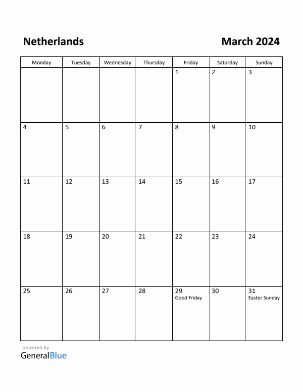 Free Printable March 2024 Calendar for Netherlands