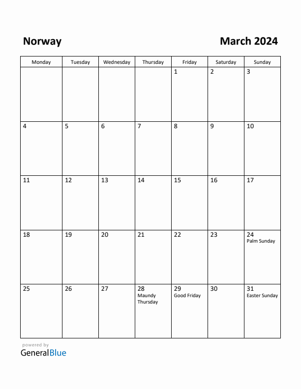 Free Printable March 2024 Calendar for Norway