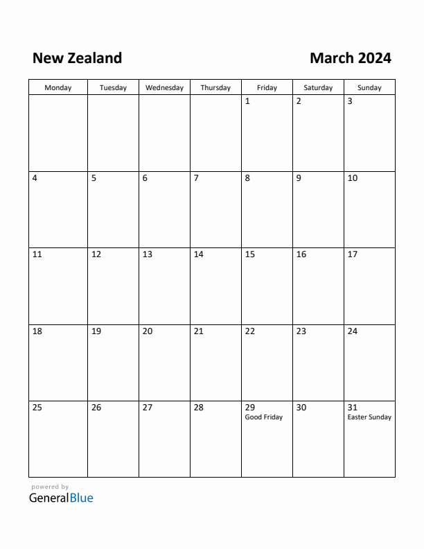 Free Printable March 2024 Calendar for New Zealand