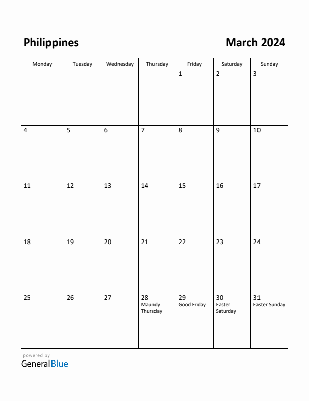 Free Printable March 2024 Calendar for Philippines
