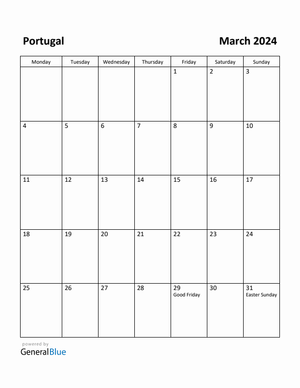Free Printable March 2024 Calendar for Portugal