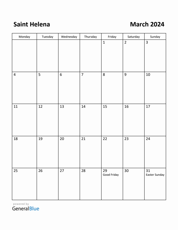 March 2024 Calendar with Saint Helena Holidays