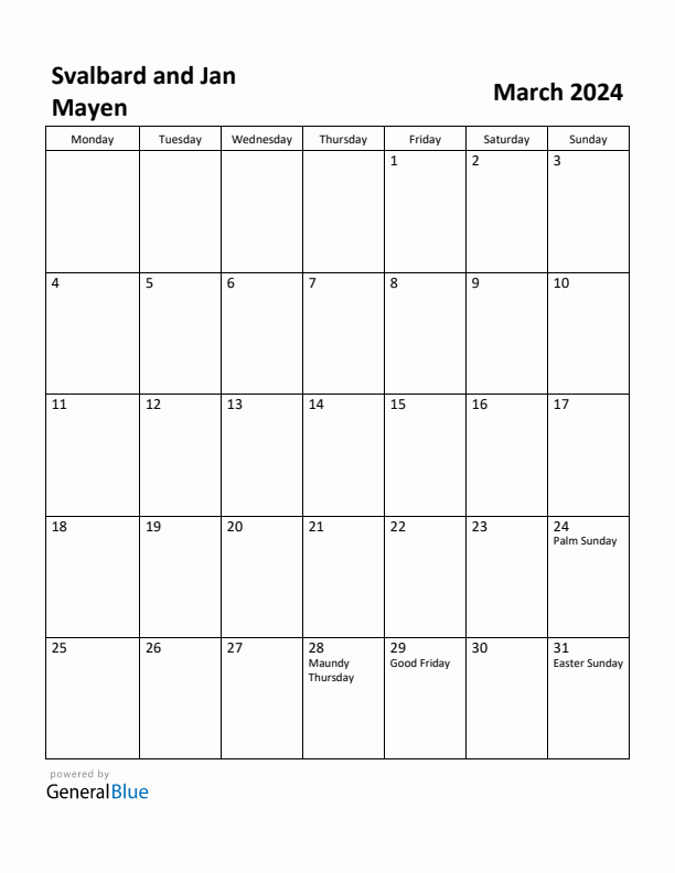 March 2024 Calendar with Svalbard and Jan Mayen Holidays