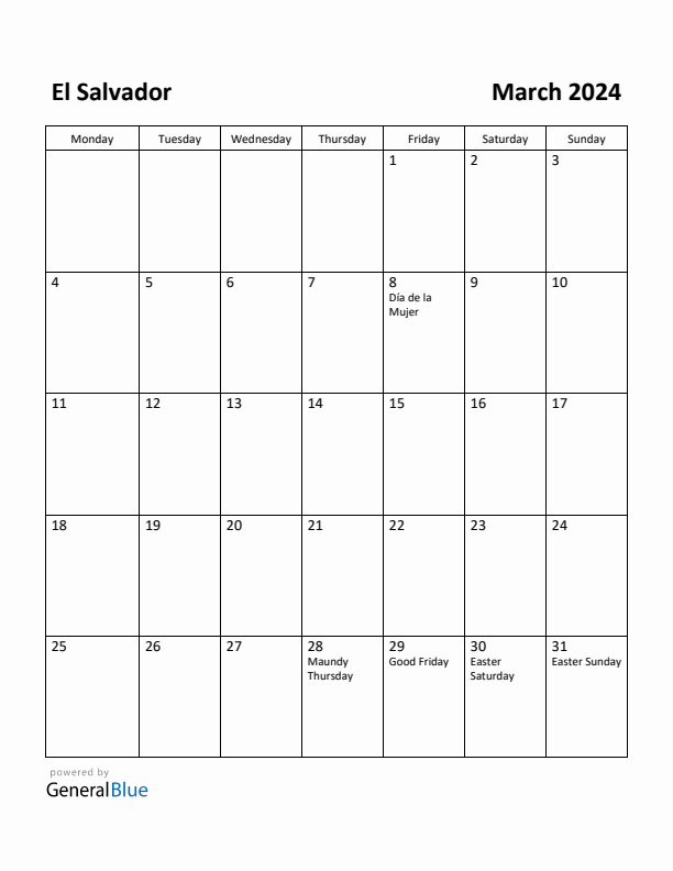 March 2024 Calendar with El Salvador Holidays