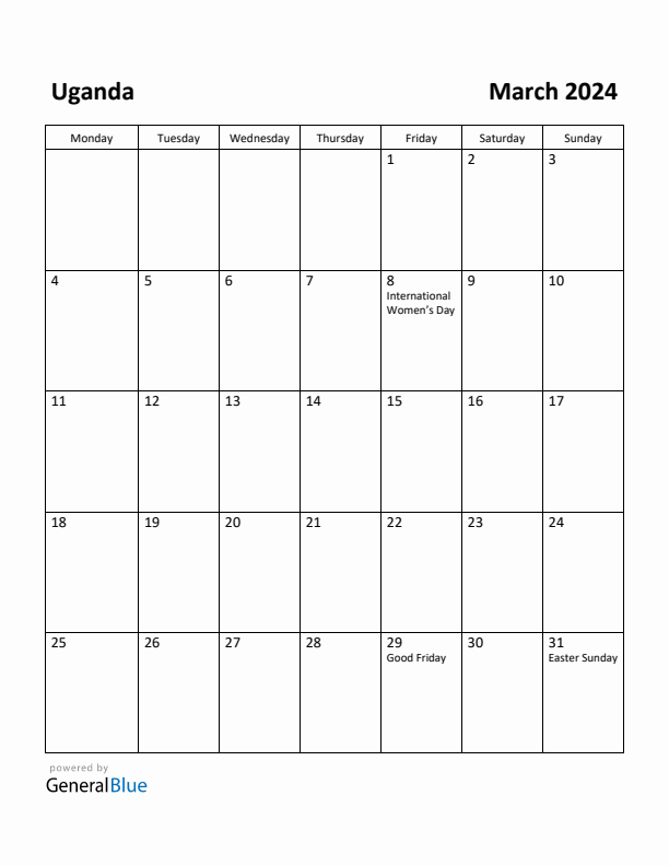 March 2024 Calendar with Uganda Holidays