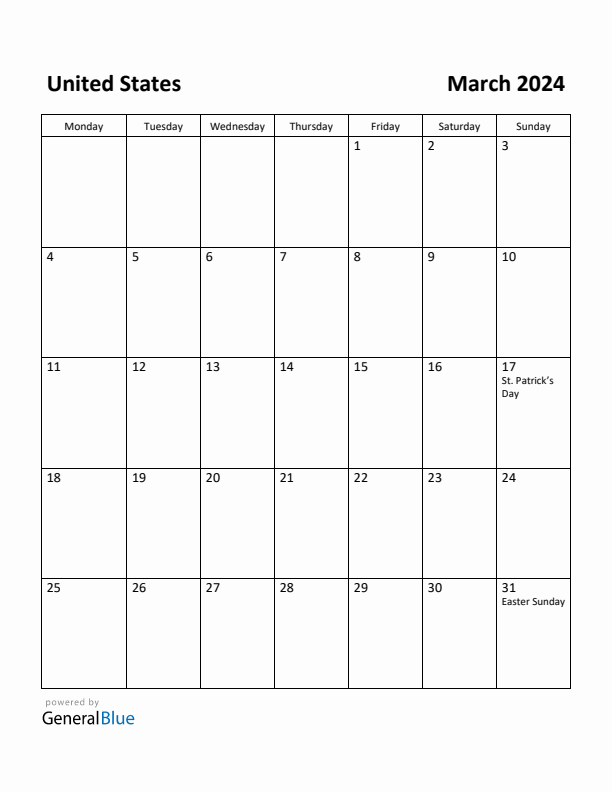March 2024 Calendar with United States Holidays