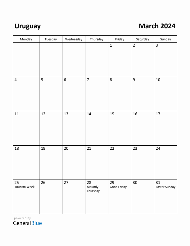 March 2024 Calendar with Uruguay Holidays