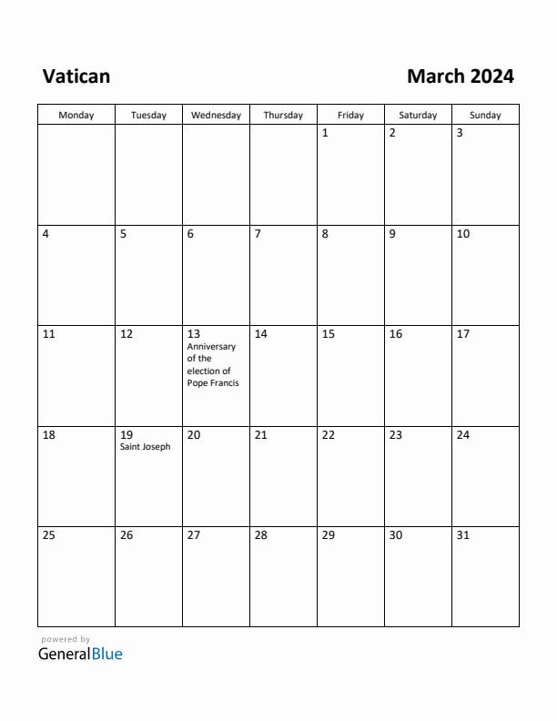 March 2024 Calendar with Vatican Holidays