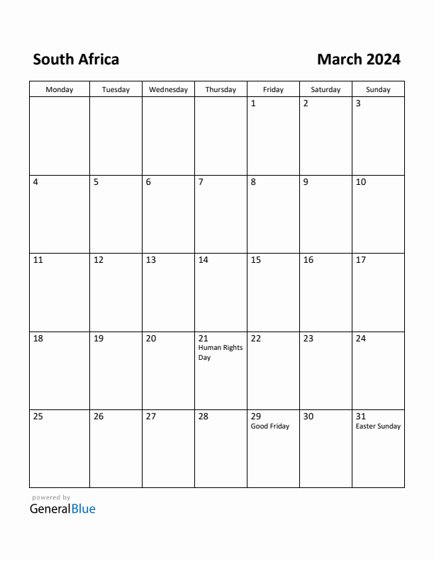 Free Printable March 2024 Calendar for South Africa