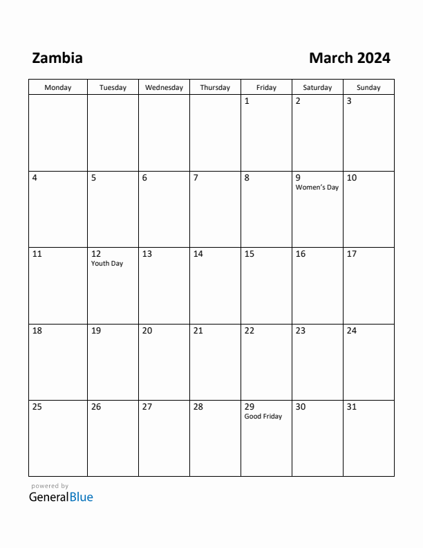 Free Printable March 2024 Calendar for Zambia