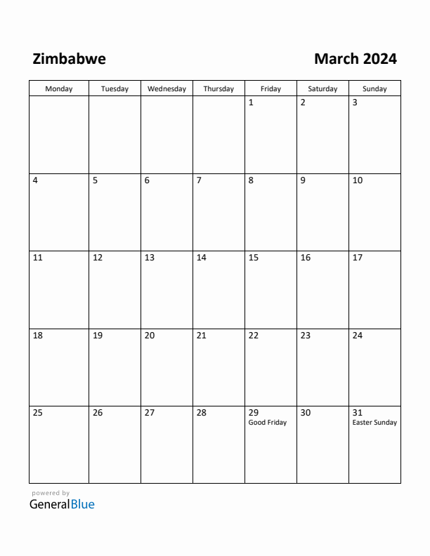 Free Printable March 2024 Calendar for Zimbabwe