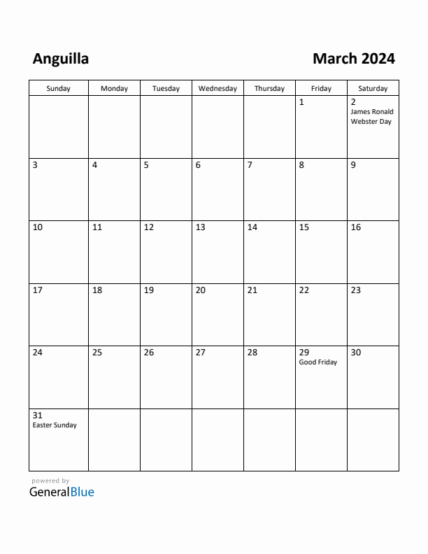 March 2024 Calendar with Anguilla Holidays
