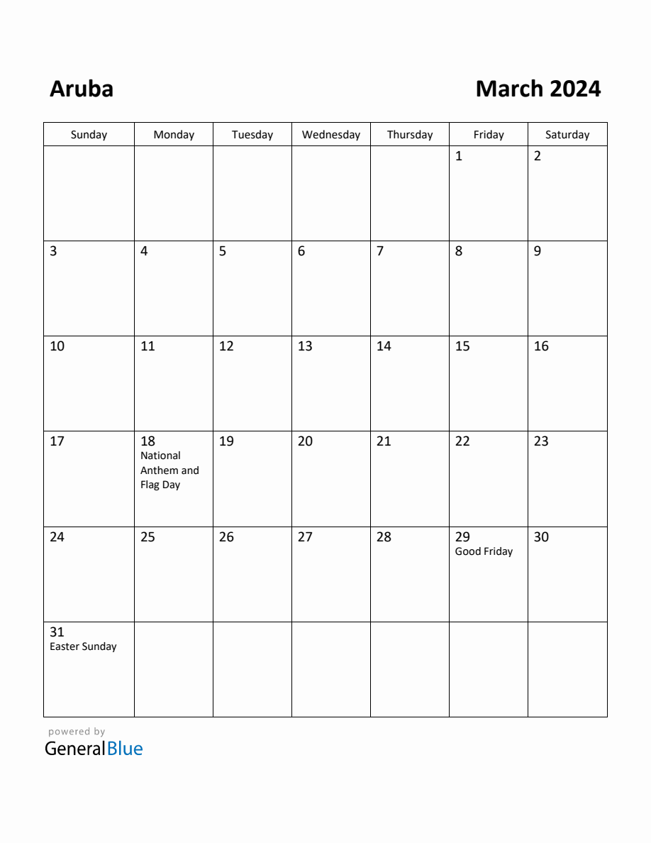 Free Printable March 2024 Calendar for Aruba