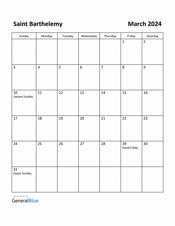 Free Printable March 2024 Calendar for Saint Barthelemy