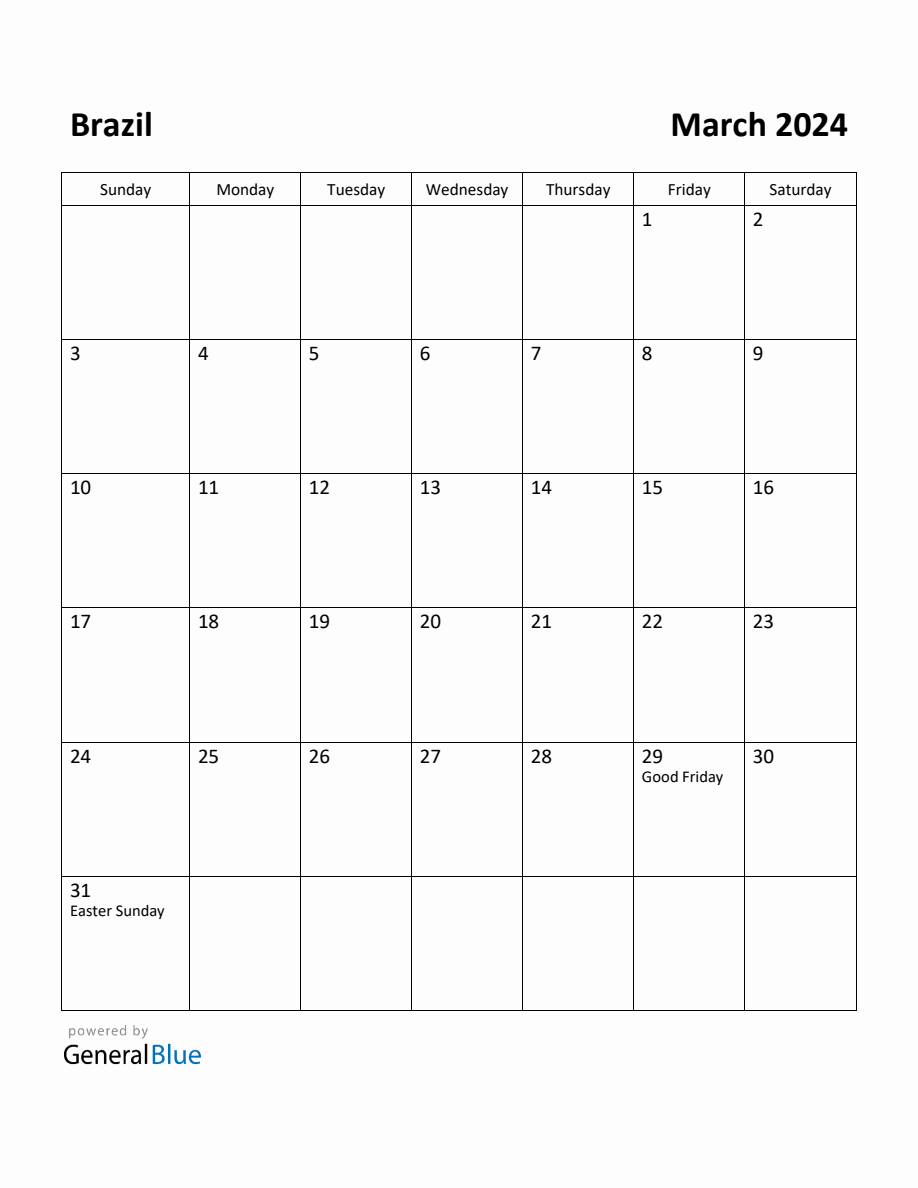 Free Printable March 2024 Calendar for Brazil